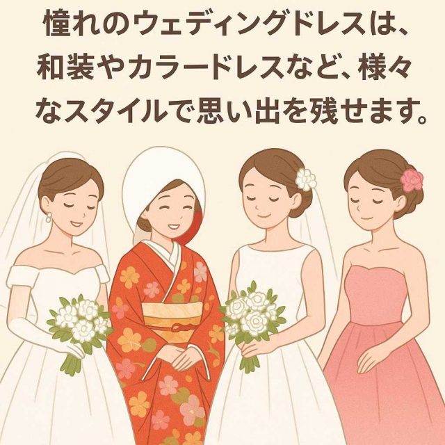憧れのウェディングドレス👗はもちろん、和装👘やカラードレスなど、様々なスタイルで思い出を残せます。
