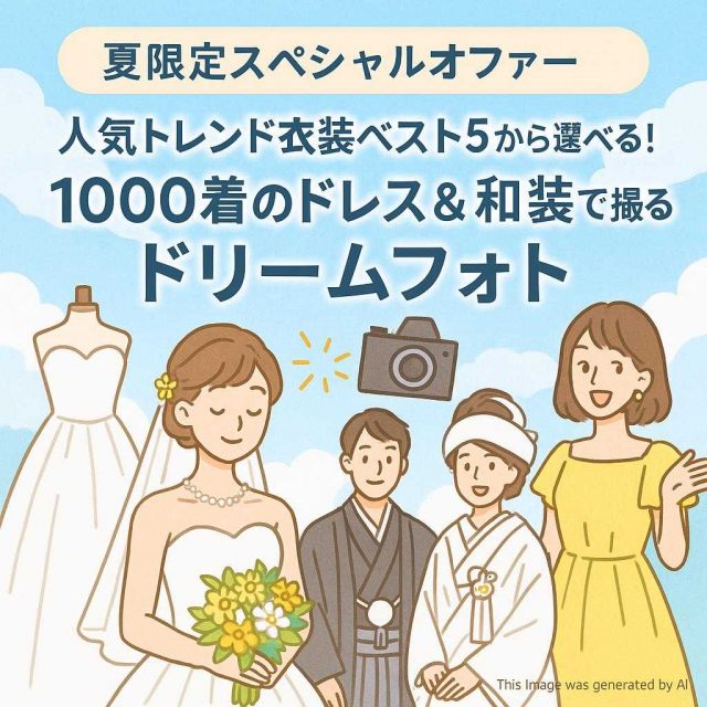 【夏限定スペシャルオファー】人気トレンド衣装ベスト5から選べる！1000着のドレス＆和装で撮るドリームフォト
