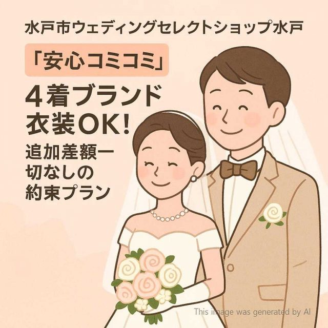 水戸市ウェディングセレクトショップ水戸 【安心コミコミ】4着ブランド衣装OK！ 追加差額一切なしの約束プラン