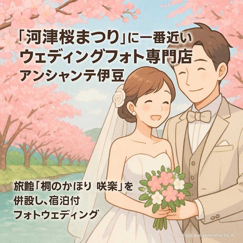 「河津桜まつり」に一番近い ウェディングフォト専門店 アンシャンテ伊豆 旅館「桐のかほり 咲楽」を併設し、宿泊付フォトウェディング