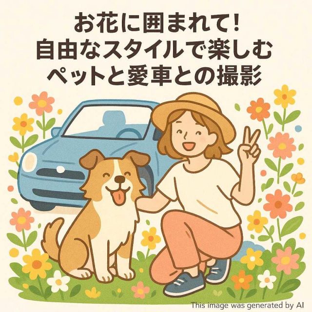 お花に囲まれて！自由なスタイルで楽しむペットと愛車との撮影