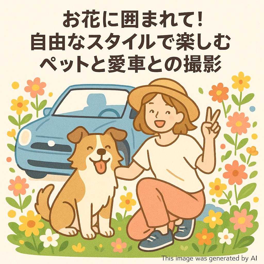 お花に囲まれて!自由なスタイルで楽しむペットと愛車との撮影