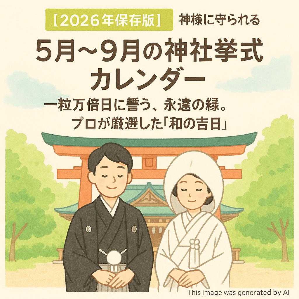 「【2026年保存版】神様に守られる最良の日。5月〜9月の神社挙式カレンダー」 「一粒万倍日に誓う、永遠の縁。プロが厳選した『和の吉日』」