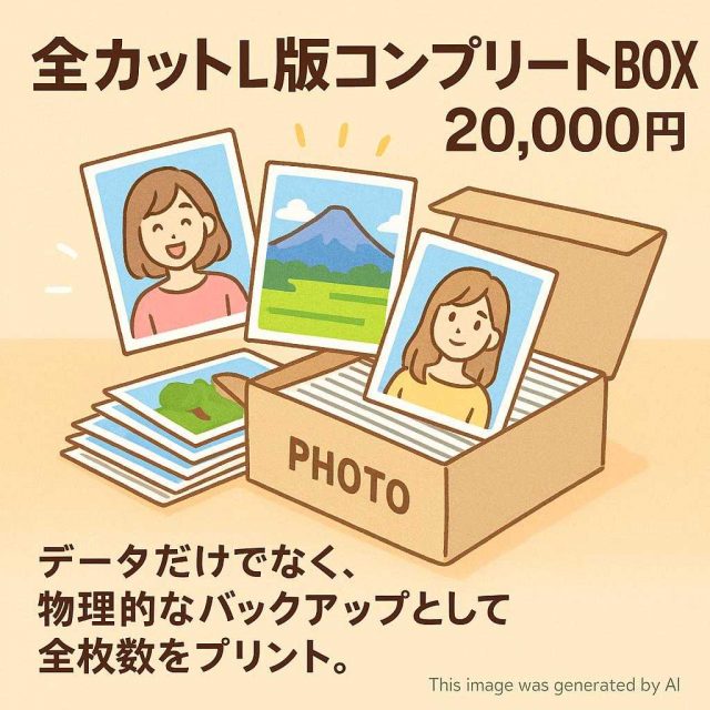 「全カットL版コンプリートBOX」：20,000円  データだけでなく、物理的なバックアップとして全枚数をプリント。