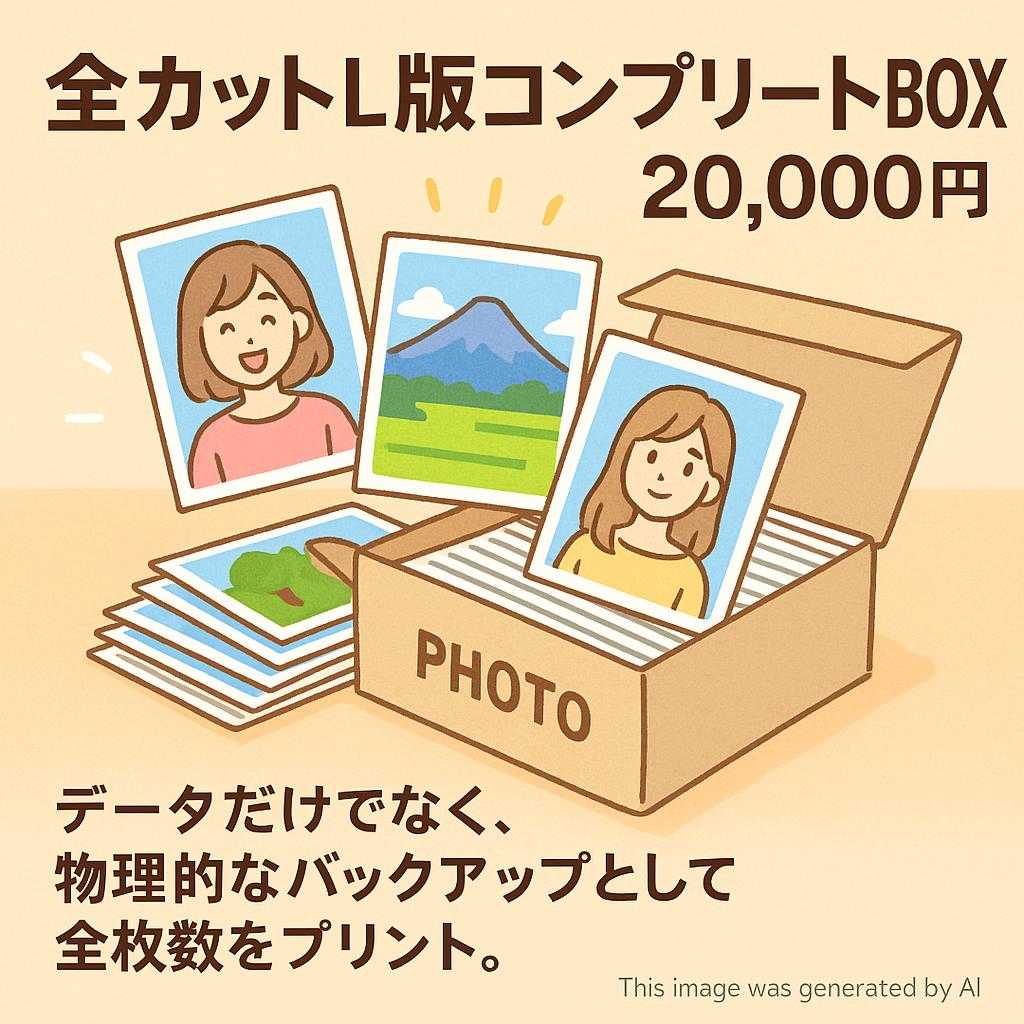 「全カットL版コンプリートBOX」：20,000円  データだけでなく、物理的なバックアップとして全枚数をプリント。