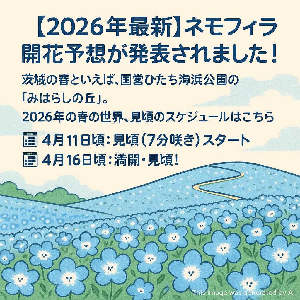 【2026年最新】ネモフィラ開花予想が発表されました!💙 茨城の春といえば、国営ひたち海浜公園の「みはらしの丘」。 2026年の青の世界、見頃のスケジュールはこちら👇 🗓️ 4月11日頃:見頃(7分咲き)スタート 🗓️ 4月16日頃:満開・見頃!
