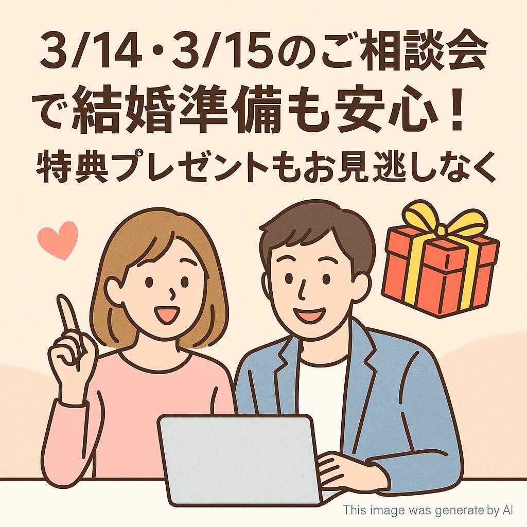 3/14・3/15のご相談会で結婚準備も安心!特典プレゼントもお見逃しなく