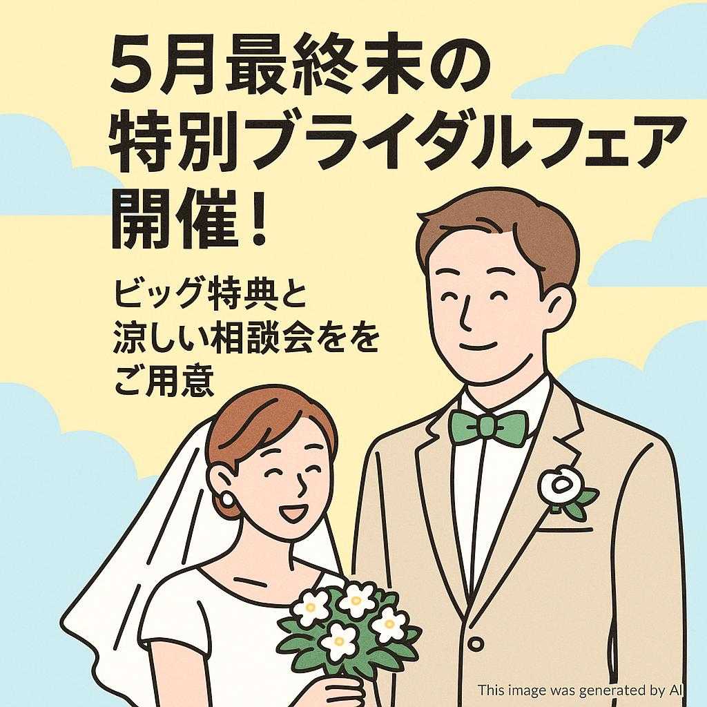5月最終末の特別ブライダルフェア開催!ビッグ特典と涼しい相談会をご用意
