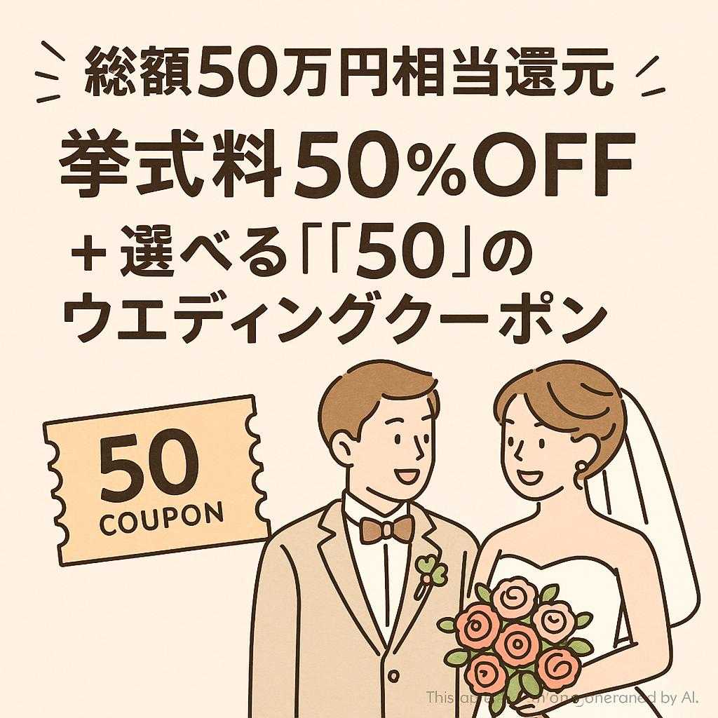 【総額50万円相当還元】挙式料50%OFF + 選べる「50」のウエディングクーポン