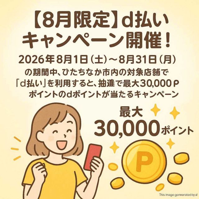 【8月限定】d払いキャンペーン開催！  2026年8月1日（土）～8月31日（月）の期間中、ひたちなか市内の対象店舗で「d払い」を利用すると、抽選で最大30,000ポイントのdポイントが当たるキャンペーンが開催