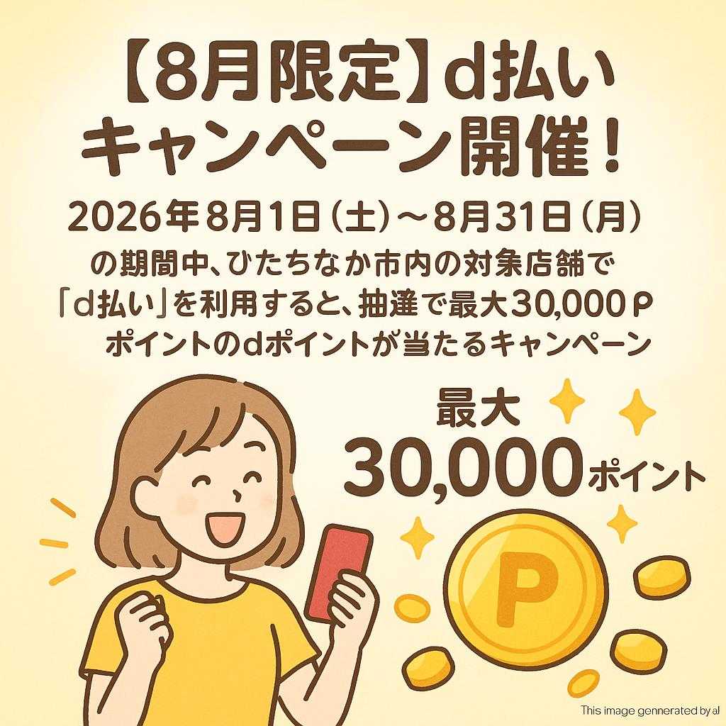 【8月限定】d払いキャンペーン開催！  2026年8月1日（土）～8月31日（月）の期間中、ひたちなか市内の対象店舗で「d払い」を利用すると、抽選で最大30,000ポイントのdポイントが当たるキャンペーンが開催